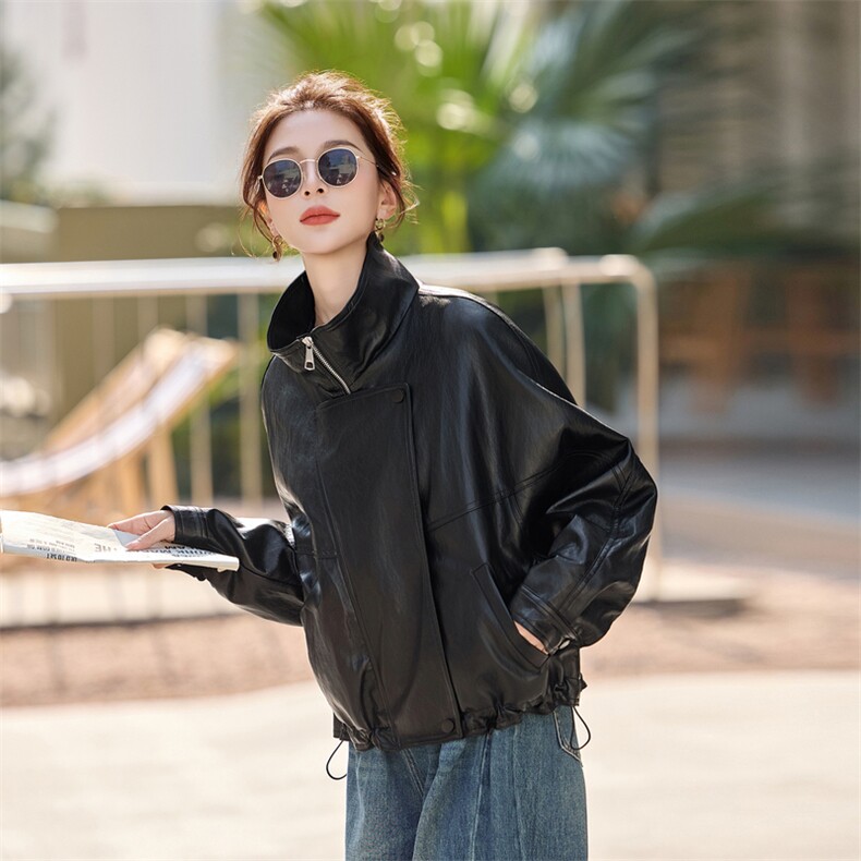 皮衣外套女春秋季2026新款小个子港风复古高级感皮夹克机车,女装皮衣,秀美人生