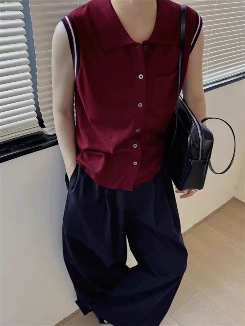夏季通勤简约舒适百搭显瘦POLO领开衫背心短袖,女装T恤,百纯羊绒