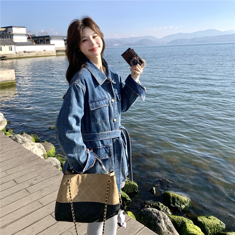 蓝色中长款系带收腰牛仔羽绒服女2026冬新款气质保暖90白鸭绒外套,女装羽绒服,2C159