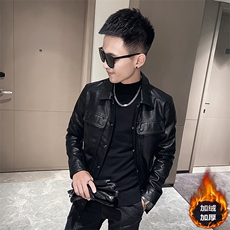 短款工装翻盖口袋皮衣男外套秋冬季男士皮夹克P9803-P115绒125，男装夹克，电商A368