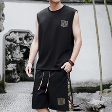男士背心套装男刺绣休闲运动拼接短裤两件套夏季A266-TZ1107-P43，男装牛仔裤，电商A266