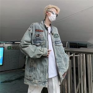 GC6065-P70 美式复古刺绣牛仔外套春秋宽松休闲立领夹克机车服潮图片