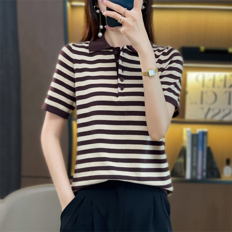 100纯棉中长款短袖长裙女POLO领针织连衣裙条纹宽松棉麻T恤打底衫，女装针织衫/毛衣，佰旭羊绒