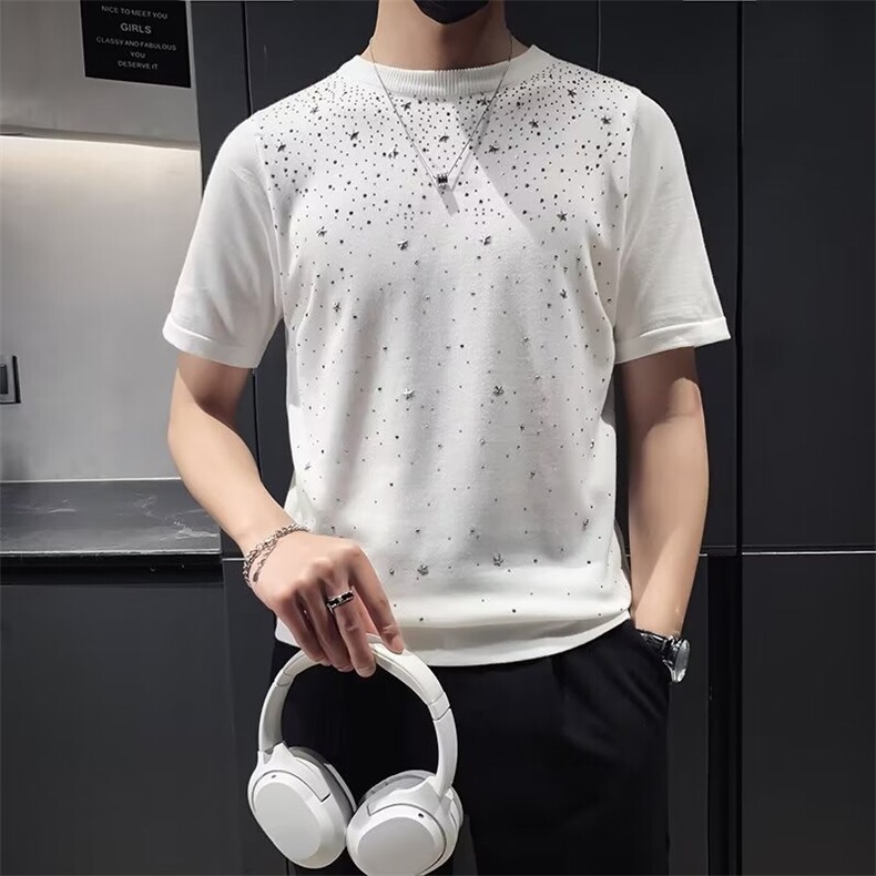 男装烫钻短袖毛衣男士羊毛衫半袖时尚针织打底衫丝光棉烫钻M868,男装针织衫/毛衣,星座1116A-2（原606A-1）