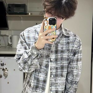新款流行灰色扎染格子衬衫男夏季原宿气质慵懒文艺ins CS38图片