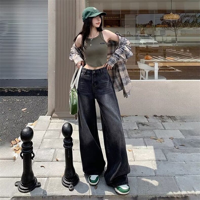 美式复古直筒牛仔裤女春秋季2025新款黑灰色高腰显瘦宽松拖地裤子，男装牛仔裤，星座1210-1