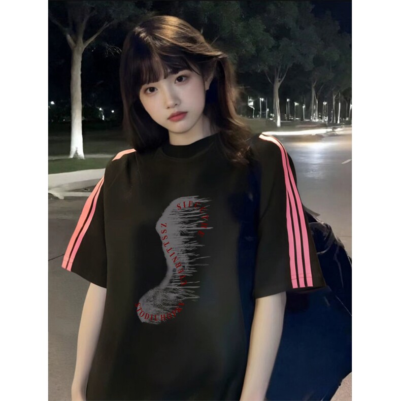 抖音得物品质二开240克宽松纯棉美式潮牌印花三条杠中性风短袖T恤,男装T恤,电商A486