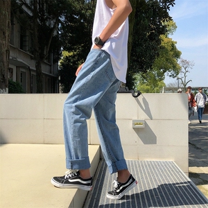 牛仔裤男宽松潮牌潮流港风日系复古坠感阔腿九分休闲裤子W888/P48