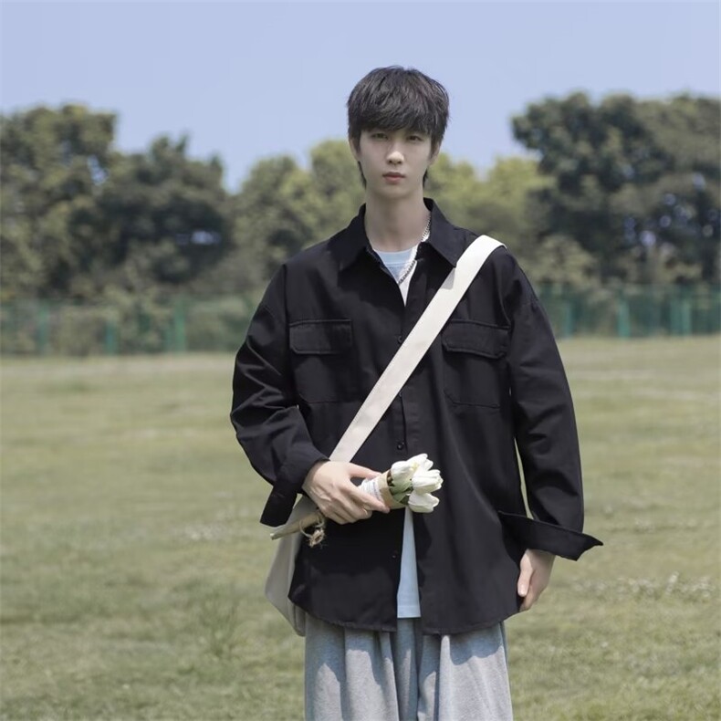 夏秋简约纯色宽松长袖衬衫男女士潮牌衣服工装风帅气外套-CT001,男装衬衫,星座601-2