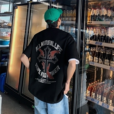 新款短袖t恤男女潮流印花感宽松半袖体恤衫男517A-2-T6626-P28，男装T恤，星座517A-2