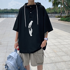 LD54147-P45连帽短袖t恤男大码胖子带帽五分袖中袖，男装T恤，电商A040