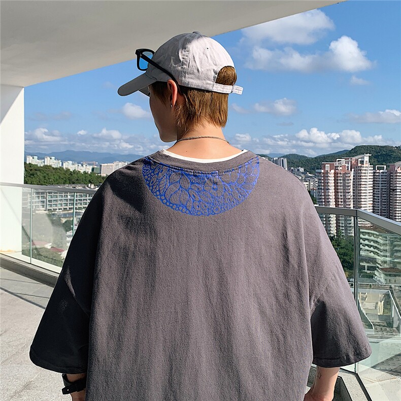 1图案已注册港风青花瓷休闲情侣大码风短袖T恤DT7606P35控48,男装T恤,星座226-2