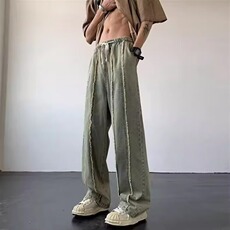 美式复古竖条拼接流苏毛边直筒牛仔裤男女高街设计感阔腿拖地裤，男装牛仔裤，星座506A