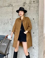 2021秋季新款翻领抽皱个性款风衣外套连衣裙，女装风衣，微迪菲