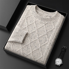 2025秋冬百搭时尚简约加厚圆领菱形扭花针织，男装羊绒套衫，盛欣羊绒