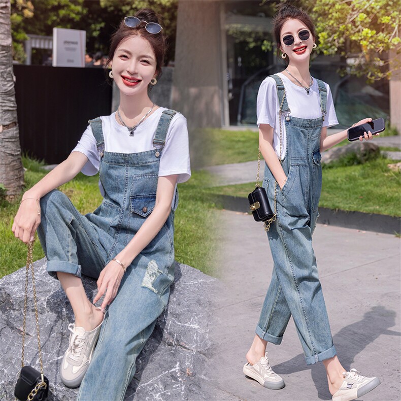 2023新款夏减龄洋气套装网红破洞宽松显瘦港味休闲套裤背带裤，女装套装/套裙，瑶迪依秀