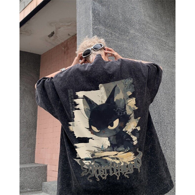 水洗纯棉小领口短袖T恤男夏季潮牌卡通猫咪宽松大码情侣半袖体恤图片