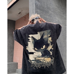 水洗纯棉小领口短袖T恤男夏季潮牌卡通猫咪宽松大码情侣半袖体恤图片