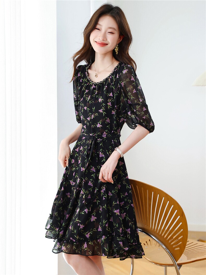 时尚雪纺碎花连衣裙女2025夏今年流行爆款小个子气质修身减龄裙子,女装连衣裙,布芭啦