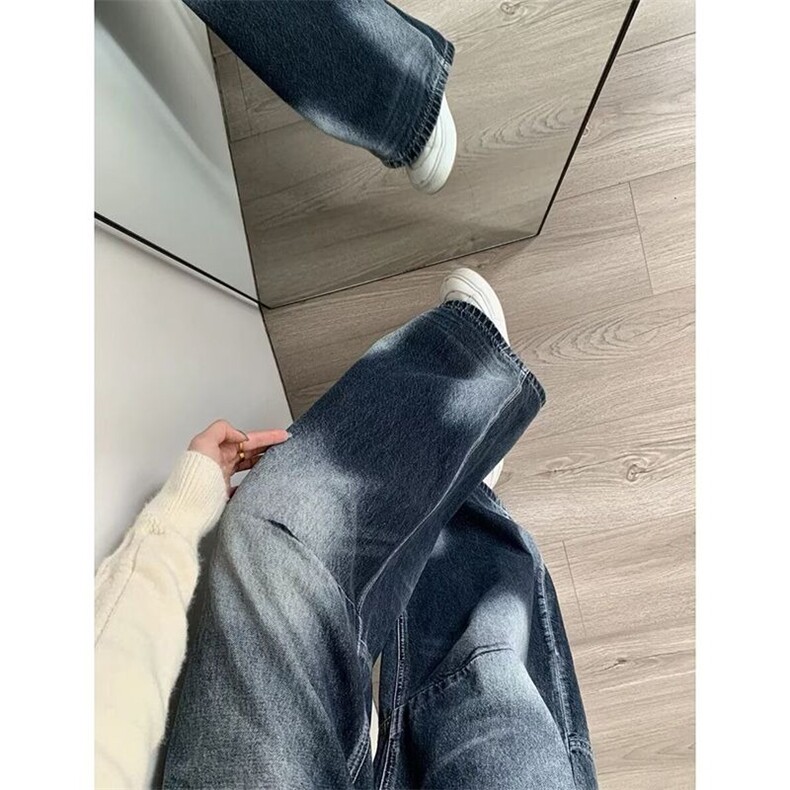 蓝灰色慵懒松弛风牛仔裤女小个子梨形宽松粗腿遮肉显瘦弯刀阔腿裤,男装牛仔裤,星座601-1
