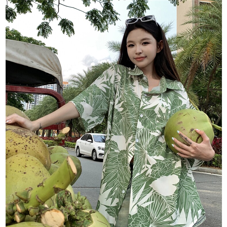 EQ401夏威夷风冰丝衬衫情侣装夏季短袖沙滩旅游度假衬衣男女ins,女装衬衫,电商C306-1