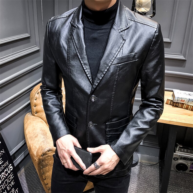 潮流修身皮西装小码男装原创PU皮皮外套休闲西服男士韩版J图片