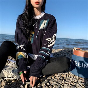 流苏提花毛衣女秋季圆领套头短款宽松藏肉显瘦针织衫潮图片