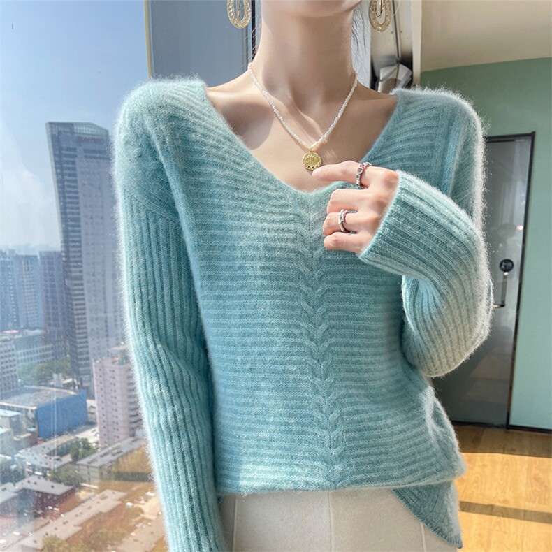 秋冬新款100%纯羊毛衫女V领扭花针织长袖毛衣宽松打底羊绒衫上衣,女装羊毛衫,宇灿羊绒
