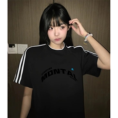 抖音得物高品质二开240克宽松纯棉美式潮牌三条杠织带短袖T恤，男装T恤，电商A486-1