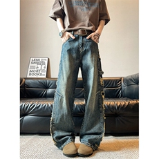 复古做旧假破洞小众cleanfit牛仔裤男宽松直筒高街长裤WH2288-p58，男装牛仔裤，星座1008