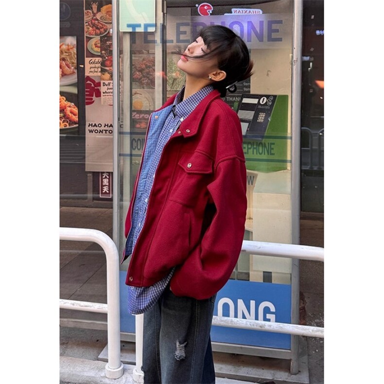复古红色立领拼接外套男女日系休闲夹克宽松街头夹克上衣J208,男装夹克,星座1116A（原606A-3）