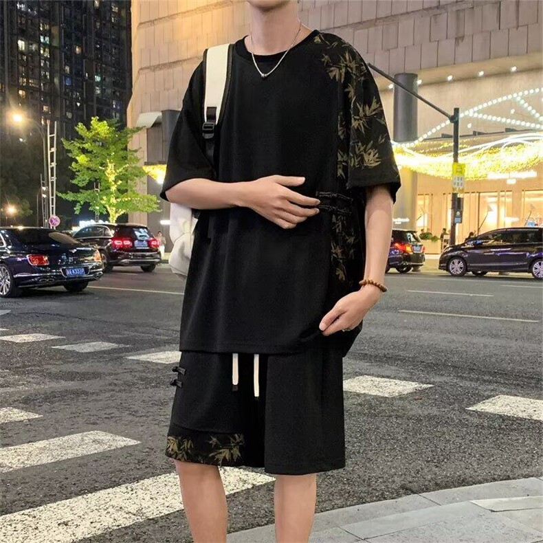 网络图现货风新中式潮流盘扣竹叶加肥加大印花套装J5009-P50,男装休闲套装,星座715-7