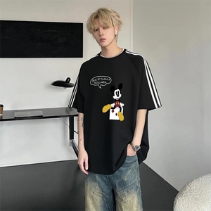 抖音得物高品质二开240克宽松纯棉美式潮牌三条杠织带短袖T恤图片