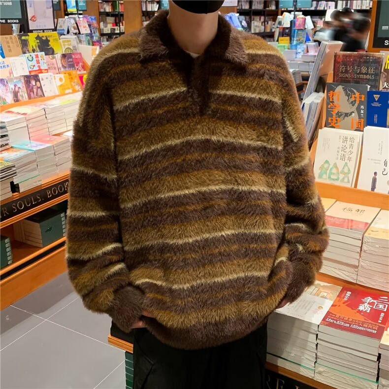 针织衫男韩版潮流条纹衬衫领帅2023冬季新款ins毛衣外套MZ131-P57图片