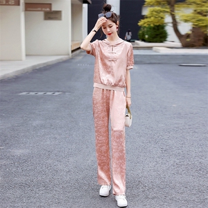 新中式盘扣时尚休闲套装女2025夏季新款提花短袖卫衣直筒裤两件套图片
