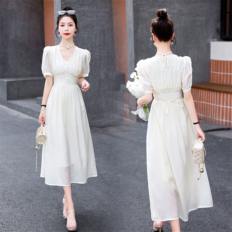 法式甜美嫩粉色娃娃领连衣裙女夏2025新款温柔风别致惊艳高腰长裙,女装连衣裙,贵人树