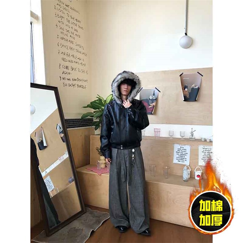现货冬季美式潮牌痞帅PU皮机车服棉衣毛毛绒狼王座山雕皮棉服图片