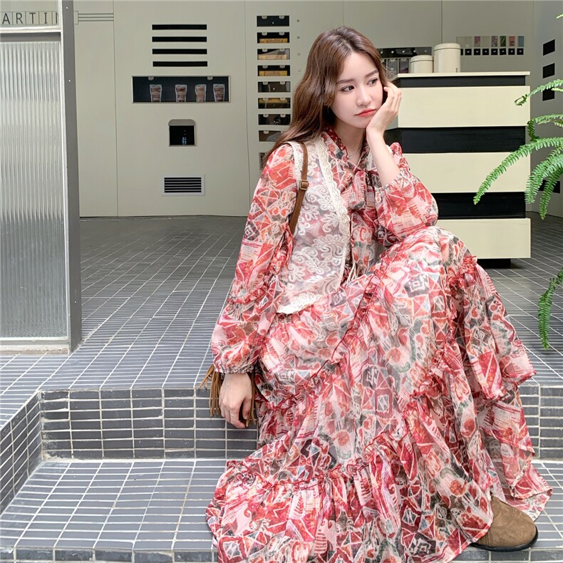 韩版时尚蕾丝马甲套装女2025秋新款时尚减龄显瘦印花半身裙两件套,女装套装/套裙,2D035