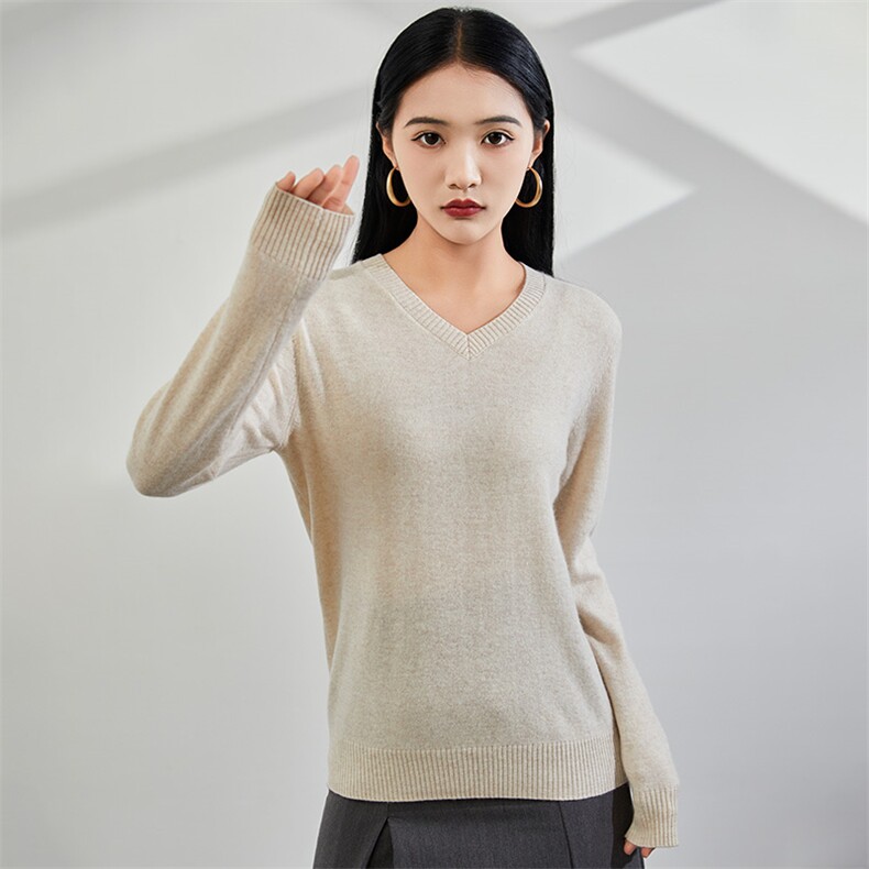 2024秋冬新款35%山羊绒女士净面V领羊绒衫,女装羊绒衫,润辉羊绒