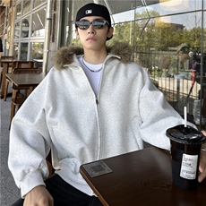 美式复古毛领开衫连帽卫衣男女秋季慵懒宽松情侣帽衫外套，女装短外套，电商C307