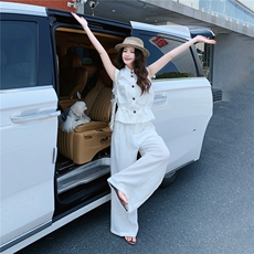 轻熟气质套装裤2026夏季新款高级感刺绣无袖马甲阔腿裤两件套，女装套装/套裙，冬木谷雨