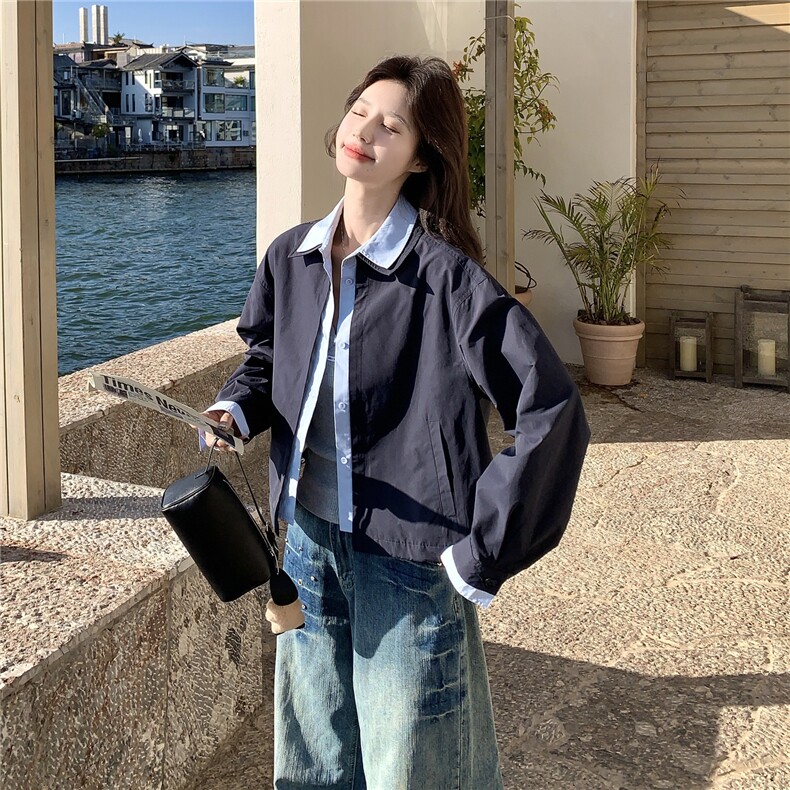 蓝色撞色衬衫领短款夹克外套女2026春秋新款韩系时髦减龄夹克显白,女装短外套,艾米莉亚