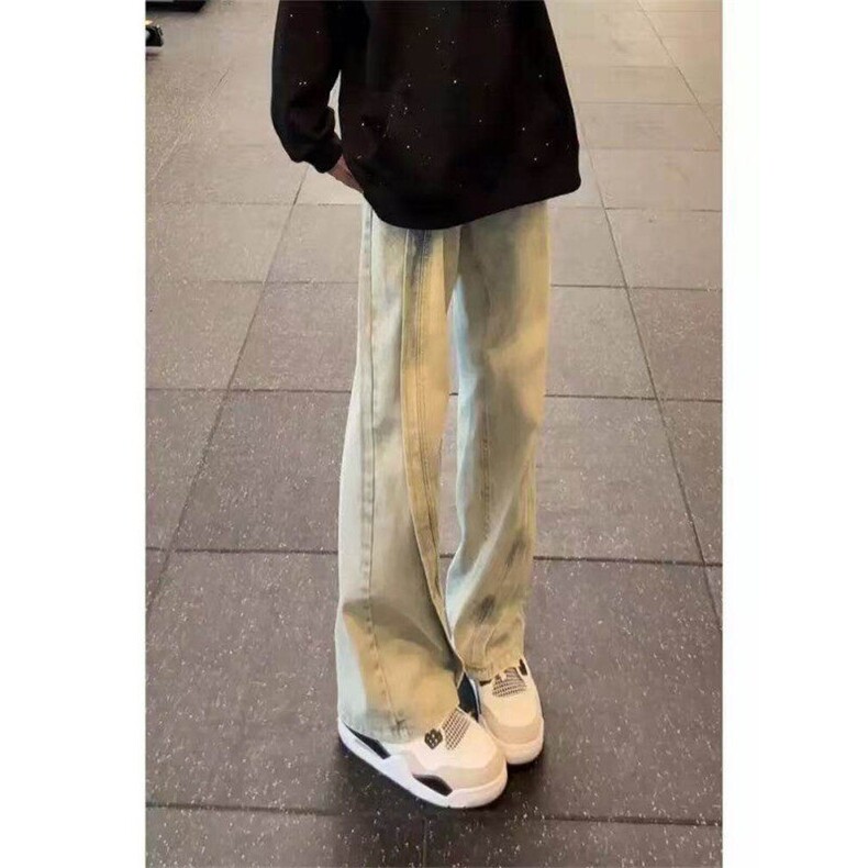 升级款美式复古vibe裤子渐变解构拼接牛仔裤男工装微喇裤,男装牛仔裤,星座613