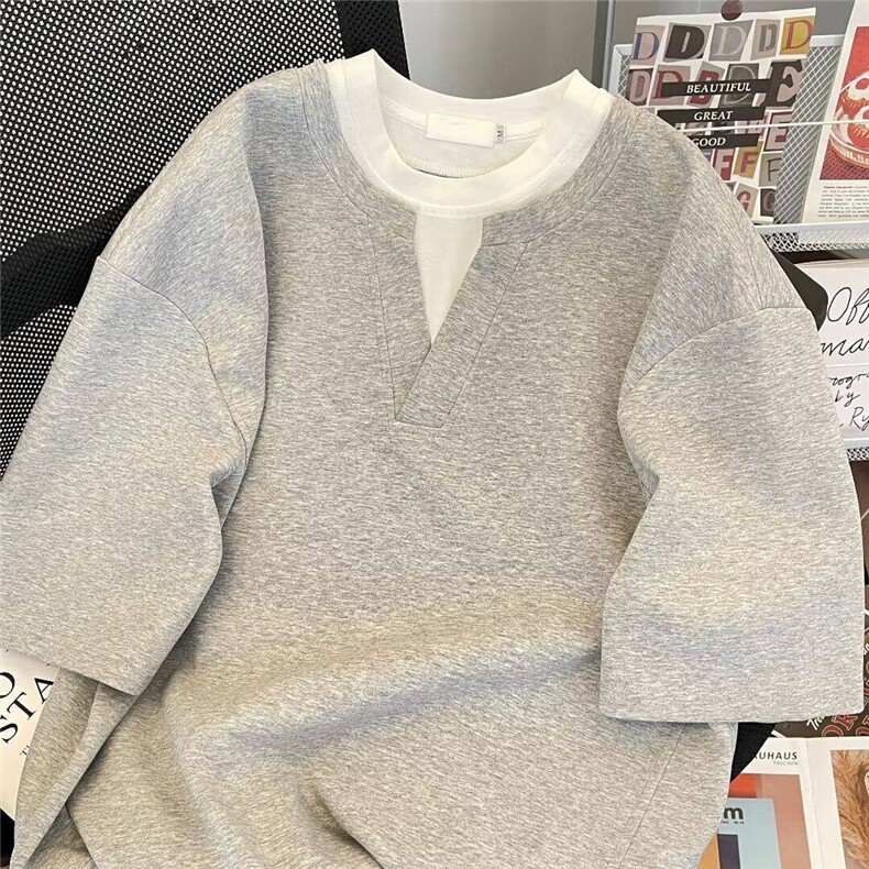 抖音得物高品质版本二开240克宽松纯棉美式高街痞帅假两件短袖T恤图片