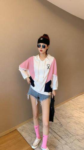 【现货】夏季新款针织防晒拼接连帽休闲潮款字母刺绣卫衣，女装卫衣/绒衫，微迪菲