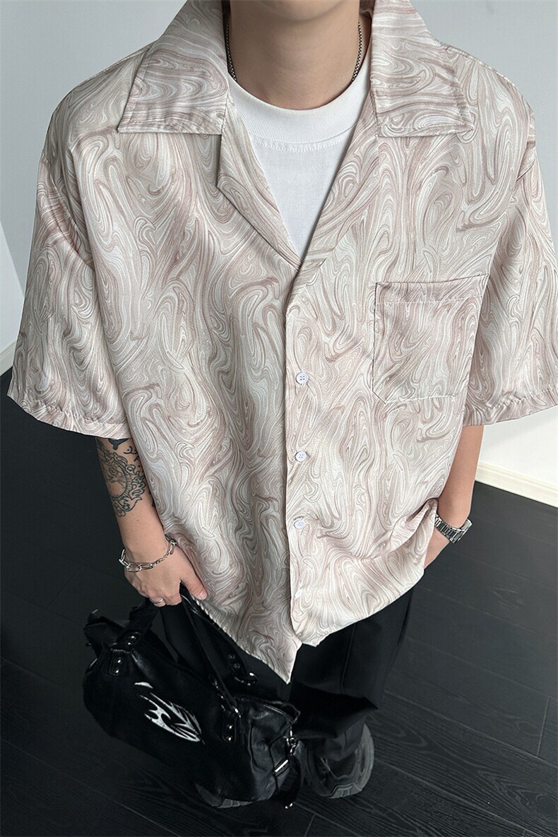 8XL-M冰丝古着感波浪纹短袖衬衫男宽松休闲沙滩古巴领衬衣CS528,男装衬衫,电商D206-1