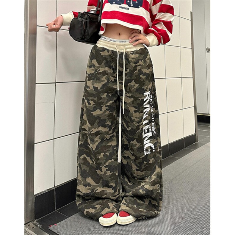 复古字母印花迷彩休闲裤女宽松直筒拼接腰头运动长裤子KB3121,女装休闲裤,星座1116A（原606A-3）
