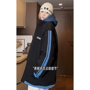 特批P75无差价冬深度库存10W件条纹拼接中性假两件连帽棉服M2915图片