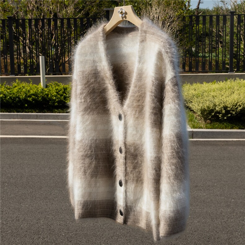 HE|渐变拉绒工艺！A规100%纯山羊绒针织开衫女V领毛衣宽松厚外套，女装羊绒衫，诚赞羊绒