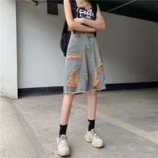 夏季薄款拼色牛仔破洞短裤子女韩版潮流宽松百搭直筒休闲五分中裤，男装牛仔裤，星座506A